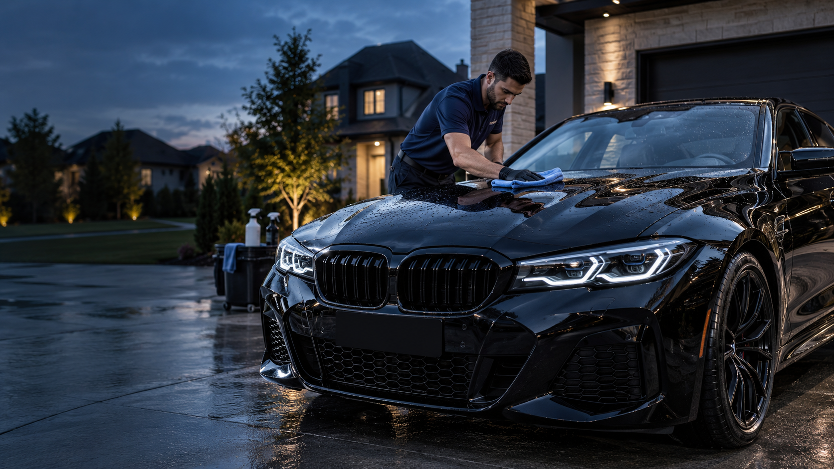 A freshly detailed black luxury sedan receiving a professional mobile detail